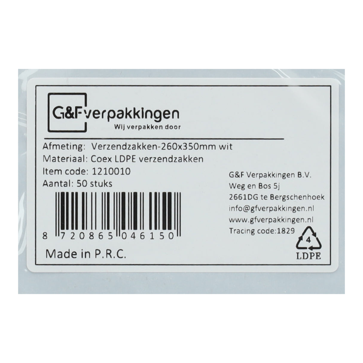 CoEx LDPE verzendzakken 260x350mm met barcode, specificaties en LDPE recycling symbool
