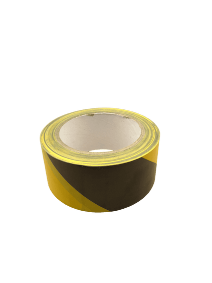 Zelfklevende veiligheidsmarkeringstape in zwart-geel, perfect voor vloerbelijning en afzetting.