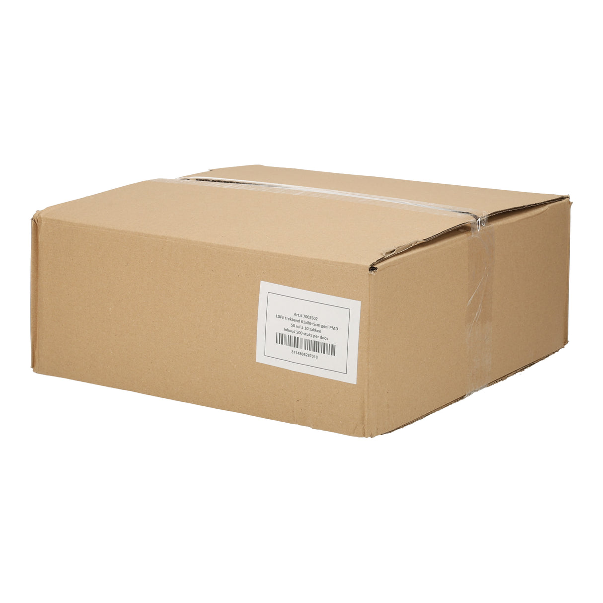 Bruine kartonnen doos met pmd afvalzakken van 60 liter, 50 rollen à 10 zakken verpakt, klaar voor verzending.