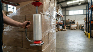 Met chroom beklede handdispenser voor rekfolie, gebruikt om rekfolie handmatig rond een pallet in een magazijn te wikkelen