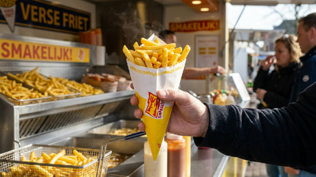 Gevulde gele en witte frietzak 'Smakelijk' in de hand, genietend van heerlijke friet bij een frietkraam