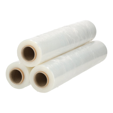 Set van 3 rollen transparante handwikkelfolie, 300 meter lang en 50 cm breed, ideaal voor verpakken en palletwikkelen.