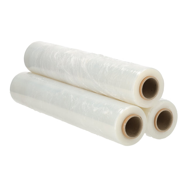 Verpakking: 3 transparante rollen handwikkelfolie L300m x B50cm x D17my voor pakketten en palletwikkelen