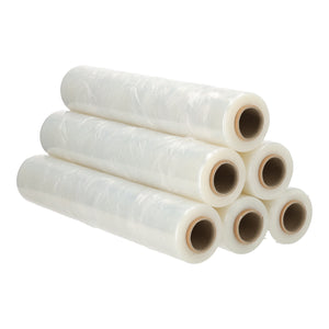 Pakket van 6 rollen transparante handwikkelfolie, per rol 300 meter bij 50 cm en 23 micron dik. Sterke stretchfolie.