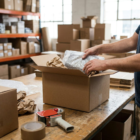 Medewerker in magazijn plaatst vulmateriaal en producten in een open verzenddoos van 305x220x150mm op een inpaktafel