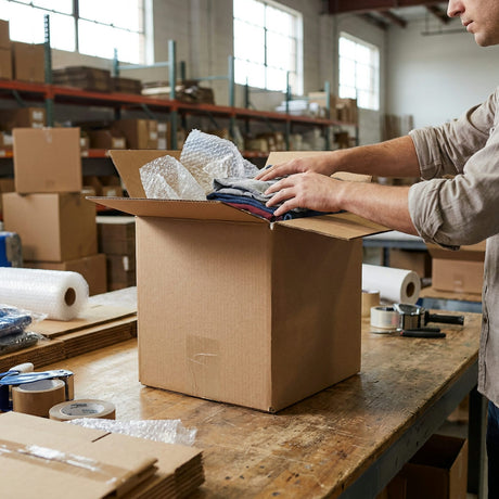 Medewerker plaatst zorgvuldig producten in open verzenddoos met vulmateriaal op een magazijntafel voor veilig transport