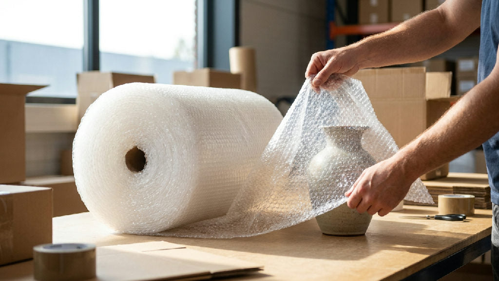Beschermende noppenfolie van 50 cm breed en 100 meter lang, ideaal voor het veilig verpakken van kwetsbare spullen.