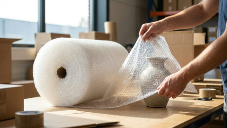 Beschermende noppenfolie van 50 cm breed en 100 meter lang, ideaal voor het veilig verpakken van kwetsbare spullen.