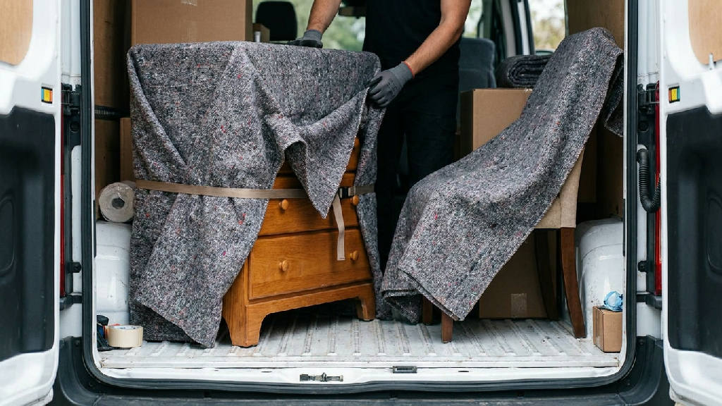 Vijf opslagdekens van 150x200 cm gebruikt om meubels te beschermen tijdens transport in een bus