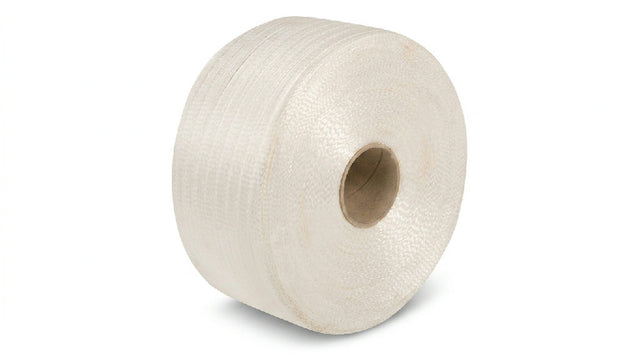 Witte polyesterband van 25mm breed en 500 meter lang, ideaal voor bundelen en verpakken van goederen