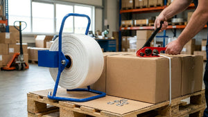 Starterset polyesterband 13mm compleet gebruikt om dozen op een pallet in een magazijn stevig vast te zetten voor transport.