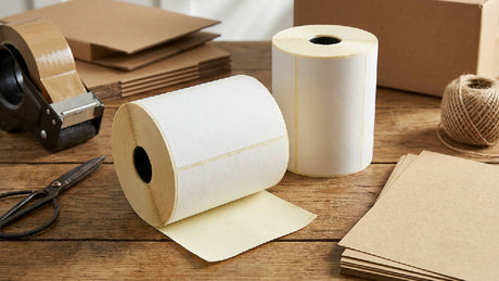 Twee rollen witte verzendlabels 102x150mm netjes naast elkaar op een donkere inpaktafel