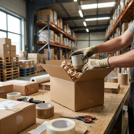 Open verzenddoos van G&F Verpakkingen met vulmateriaal, klaarzettend voor een magazijnwerker die spullen inpakt