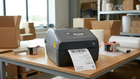 Verzendlabels in UPS-formaat van 102x150mm worden afgedrukt door een labelprinter met gesloten klep, toont de labeluitvoer