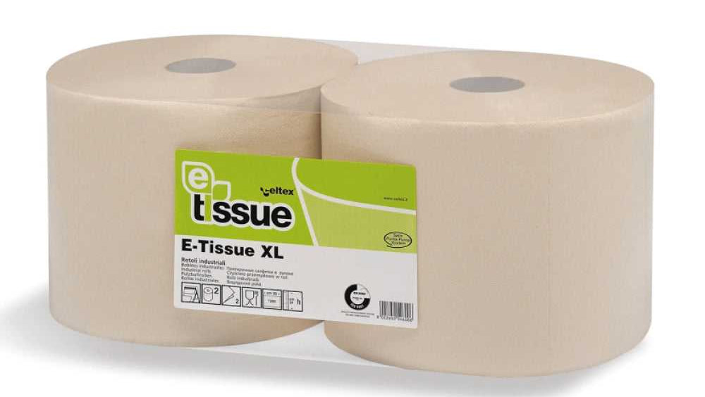 E-Tissue industriepapier 2 rollen 360 meter x 24cm in natuurlijke kleur, geschikt voor industriële reiniging en grootverbruik.