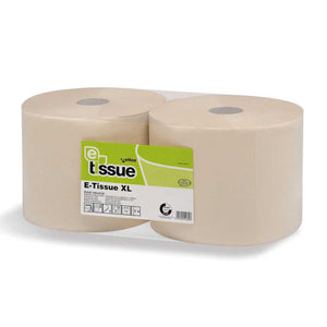 E-Tissue industriepapier 2 rollen 360 meter x 24cm in natuurlijke kleur, geschikt voor industriële reiniging en grootverbruik.