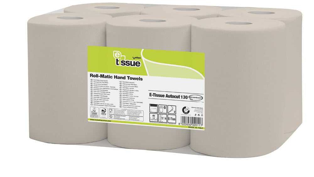 E-Tissue handdoekrol 2L 130mx20cm - 6 rol per pak, geschikt voor automatische dispensers. Ideaal voor professioneel gebruik, snel leverbaar.