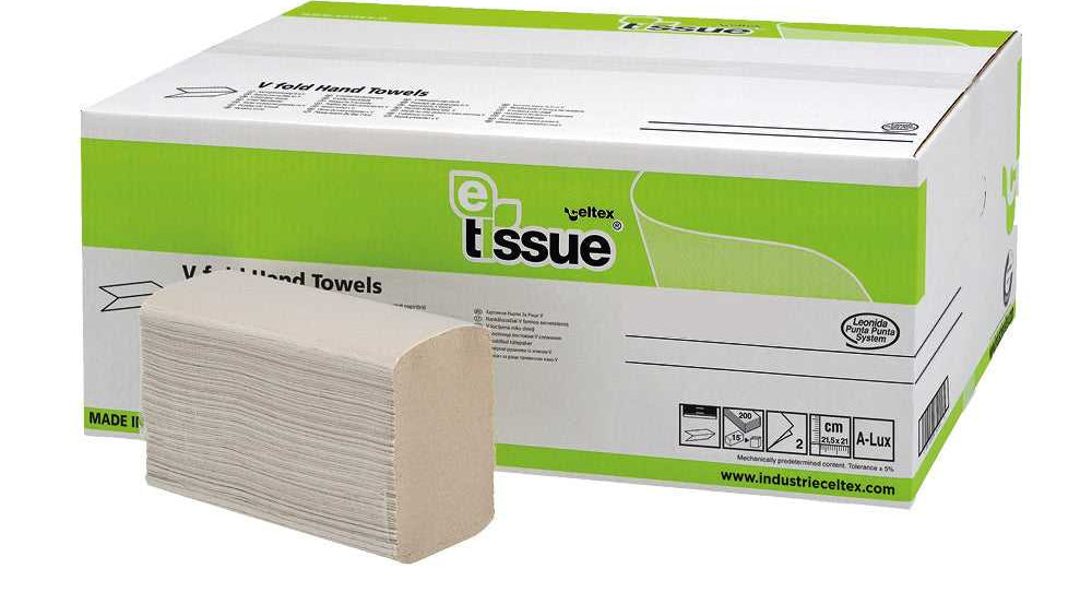E-tissue handdoekpapier Z fold 2 laags 21.5x21cm, 100% circulair papier in doos van 15x200 stuks, geschikt voor middelgrote washrooms