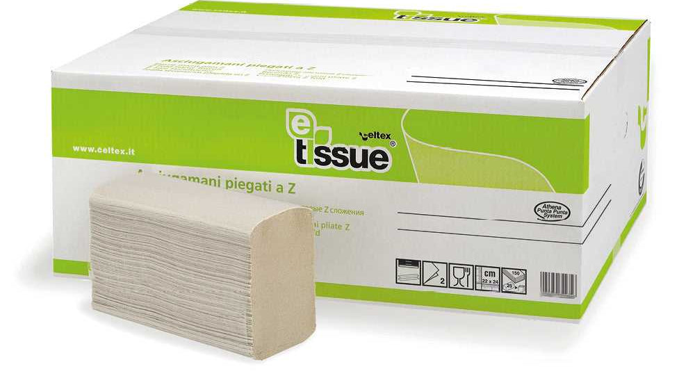 Handdoekpapier van E-Tissue 100% circulair in M-fold formaat, 2-laags 24x20,5CM, doos met 25x150 stuks. Milieuvriendelijk en zacht absorberend papier.