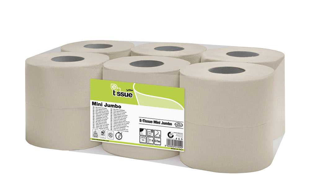 Mini Jumbo toiletrollen van E-Tissue, 2-laags, 12 rollen van 150 meter per pak, recyclebaar en geschikt voor drukbezochte toiletten.