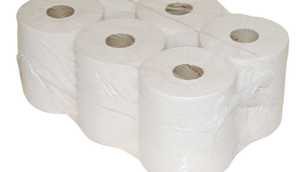 Set van 6 rollen midi poetspapier op rol recycled naturel 1 laags 270m x 19.5cm, verpakt in doorzichtige folie voor professioneel gebruik.