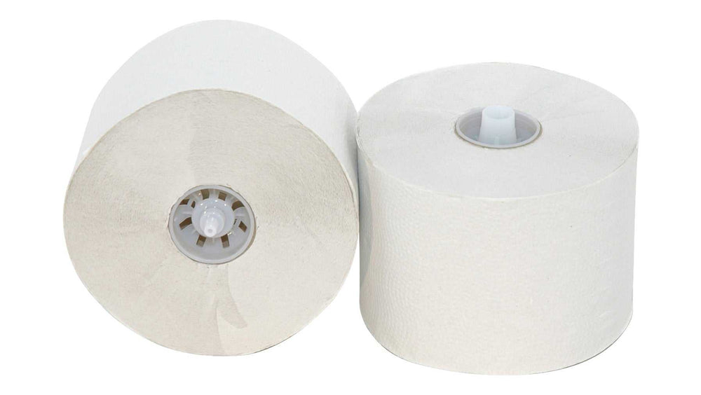 Toiletpapier met dop recycled 2 laags 100m - 36 rollen, twee witte rollen met kunststof dop zichtbaar. Ideaal voor dispensers in drukbezochte toiletten.