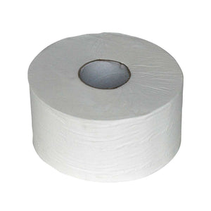 Toiletpapier mini jumbo cellulose 2 laags 12 rollen met grote rol voor drukbezochte toiletruimtes. Geschikt voor dispensers in sanitaire omgevingen.