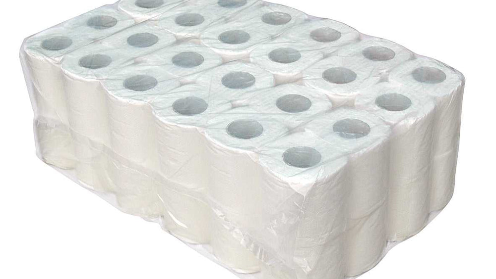 Verpakking van 48 rollen Europroducts P50629 toiletpapier cellulose 2 laags 200vel, compact verpakt voor efficiënte opslag en distributie.