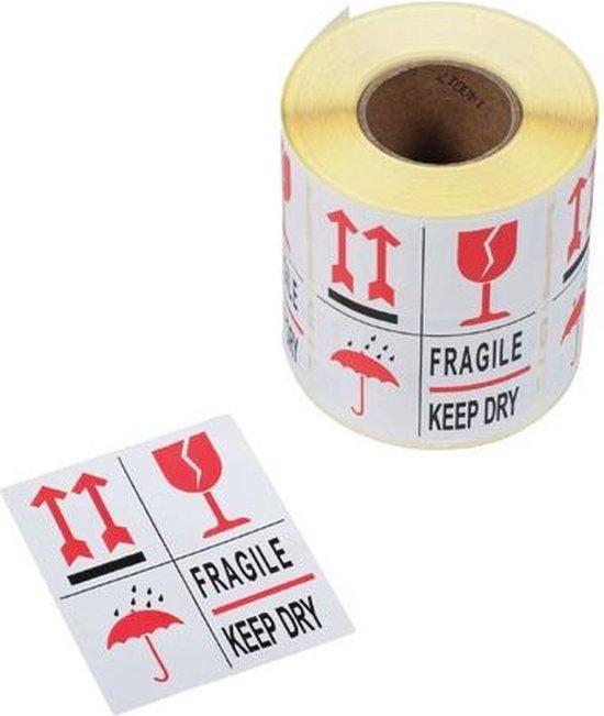Waarschuwings- etiket Multi label 'Fragile-keep dry-pijl-glas' - 98x79mm per rol 500 stickers