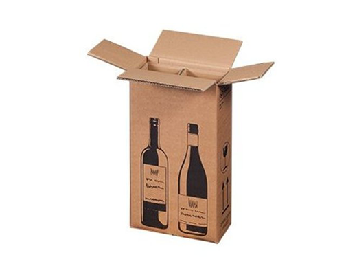 Verzenddoos voor 2 flessen van dubbelgolf karton met flessensymbolen, DHL goedgekeurd en geschikt voor veilige flesverzending. Binnenmaat 204x108x368 mm.